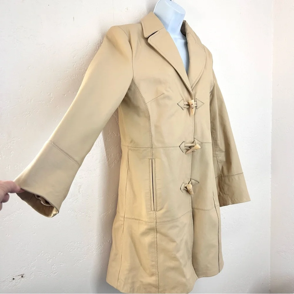 Vintage Y2K Terry Lewis Leather Trench Coat Cream Toggle Buttons Women's S